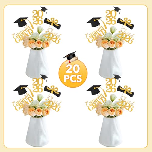 Image of Graduation Decorations 2026, 20 PCS Sparkling Black and Gold Double-Sided Centerpiece Sticks for Tables, Class of 2026 Table Toppers and Party Supplies