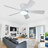 Depuley Ventilador de techo moderno con luz: Ventiladores pequeños blancos de 42 pulgadas para dormitorio - Ventiladores de techo empotrable regulables con mando a distancia 5 aspas blancas invertidas