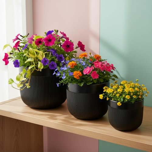 Image of Xtore Ceramic Ribbed Planter Set with Matte Finish | Minimalist Design | for Home, Office, Balcony & Living Room Decor - (Set of 3, Black)