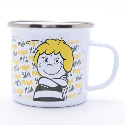 MAJA / E07 - Emaille Becher mit Henkel und in Geschenkbox. Robust und Strapazierfähig. Offiziell Lizenzierte Tasse. Frühstücksbecher. Praktisches Geschenk. Gefäß für alle Biene Maja Fans.