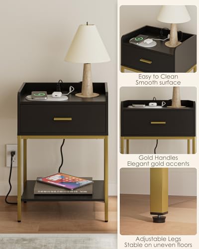 Image of Masupu Nightstand with Charging Station,3-Tier Modern Bedside Night Stand with Storage Drawer and Shelf,Small End Side Table for Bedroom,Living Room,Gold and Black