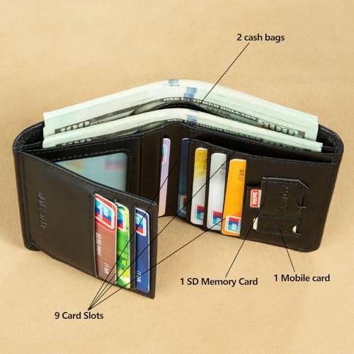 Men's RFID Shielded Three Fold Leather Wallet, 11 Credit Cards with Gift Box (Retro Black)2