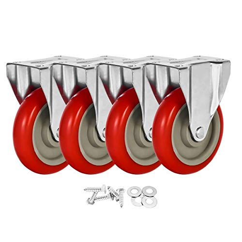 4 Pack 5" Caster Wheels On Red Polyurethane Wheels Top Plate Non Swivel Rigid Fixed Stationery with Hardware by FactorDuty - Used condition - US$25.72