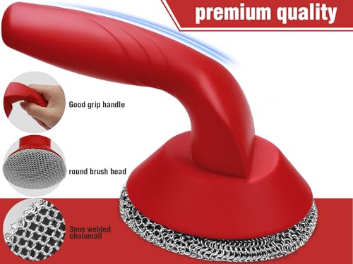 Image of Cast Iron Cleaner Scrubber with Handle -3mm Welded Chain Mail Cast Iron Scrubber Brush-Chainmail Sponge Scrub Cleaning Tool to Clean Skillets, Frying Pan, Wok,Dutch Oven