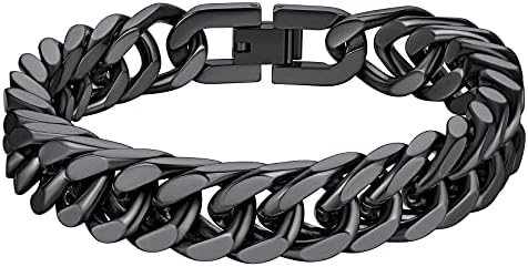 Richsteel Mens Women Franco Chain Bracelet, Curb Link Hip Hop Chain Bangle Jewellery, 8/12/17MM Width, 19/21/23CM Length, Stainless Steel/18K Gold Plated/Black