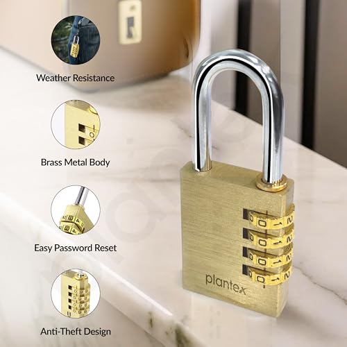 Image of Plantex 4-Digit Code Combination Brass Lock /Number Lock /Portable Luggage Locks for Briefcase /Laptop Bags - Pack of 1 (Medium, Brass Antique)