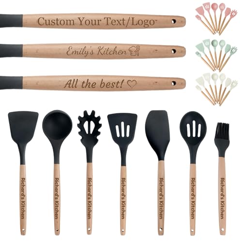 Conjunto de utensílios de cozinha de silicone personalizados com alças de madeira nome gravado à medida Gadgets de cozinha de silicone para chefes amantes da cozinha presente de Natal (7 peças)