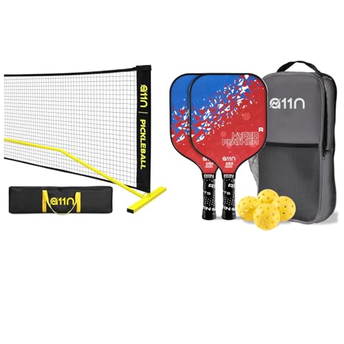 A11N Sports Portable Pickleball Net System and HyperFeather R Pickleball Paddles Set of 2