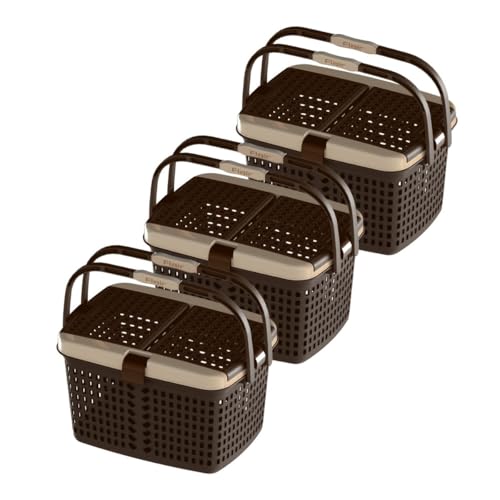 Image of FLAIR Dual Compartment Storage Basket Set of 3 - Sturdy Plastic Organizer with Handles & Lid | Plastic Multipurpose Trendy Shopping Big Basket | Ideal for Kitchen, Bathroom, Laundry & Toys (Brown)