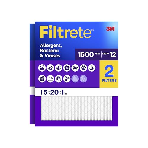 Filtrete 15x20x1 Air Filter MERV 12 MPR 1500 Allergens Bacteria & Viruses 3-Month AC and Furnace Filters Cleaner Air Reliable Airflow 2 HVAC Filters (Actual Size 14.81 x 19.81 x 0.78 in)