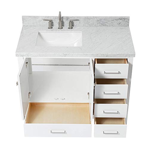 Ariel 43" Inch White Bathroom Vanity W/ 1.5" Edge Italian Carrara Marble Countertop & Backsplash | Left Rectangular Sink | 2 Soft Closing Doors & 5 Full Extension Dovetail Drawers | Satin Nickel Pulls #TOP5