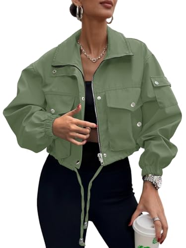 Womens Cropped Bomber Jacket 2025 Trendy Zip Up Lightweight Utility Anorak Coat With Pockets