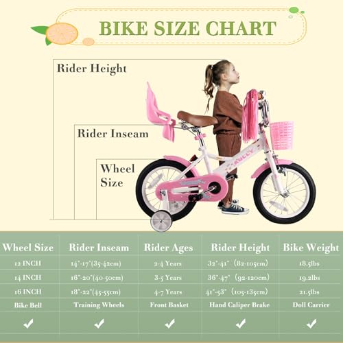 Image of RULLY Kids Bike 12 14 16 inch for 2-7 Years Girls with Training Wheels & Front Handbrake, Kids Bicycle with Basket Bike Streamers Toddler Cycle Bikes