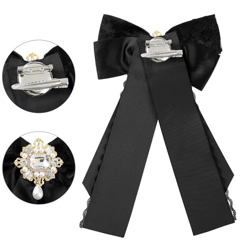 Image of Women's Black Lace Trimmed Ribbon Bowtie with Rhinestone Pre-tied Necktie