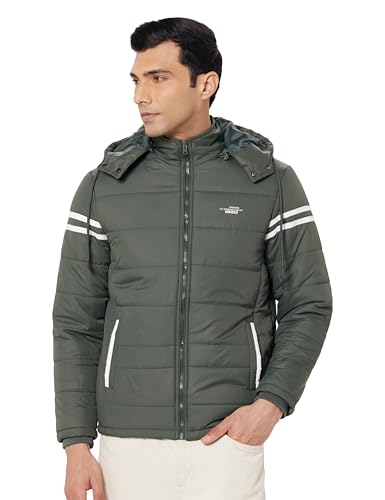 Image of Qube By Fort Collins Men's Nylon Standard Length Regular Fit Quilted Bomber Jacket with Detachable Hood - Winter Warm, Insulated Lining, Ribbed Cuffs, and Stylish Design