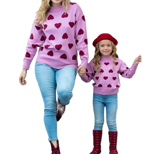 Image of Mommy and Me Matching Sweaters Outfits Heart Graphic Sweater Family Matching Clothes Long Sleeve Pullover Tops