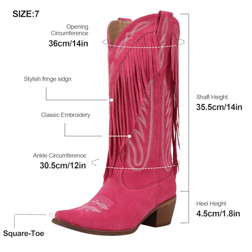 Image of Cowgirl Boots Women Retro Pull On Block Chunky Suede Fringe Cowboy Boots | Pointed Toe,Concert Outfits Knee High Western Boot, Country Boots,Tall Boot for ladies Party concert