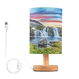 BOENLE Bedside Lamp View Waterfall Mountain Sunset Landscape Table Lamp for Bedroom LED Nightstand Lamp Shade USB Ports Wood Base for Living Room Dorm Office