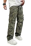 GINGTTO Camo Pants Men Baggy Cargo Green Camo Pant Wide Leg Fashion Streetwear Drawstring Stretch 32