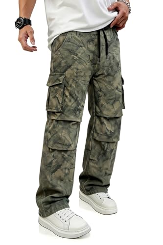 GINGTTO Camo Pants Men Baggy Cargo Green Camo Pant Wide Leg Fashion Streetwear Drawstring Stretch 30