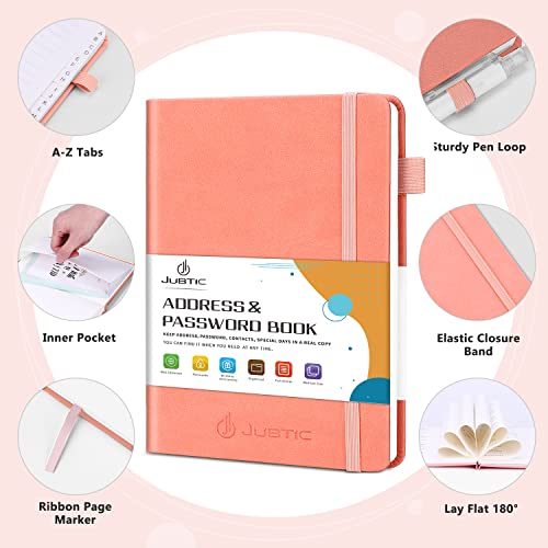JUBTIC Address book with Alphabetical Tabs, Hardcover Password Keeper and Telephone Book Address Organizer Record Contacts, Internet Login Address Log book Journal Notebook for Home or Office-Pink
