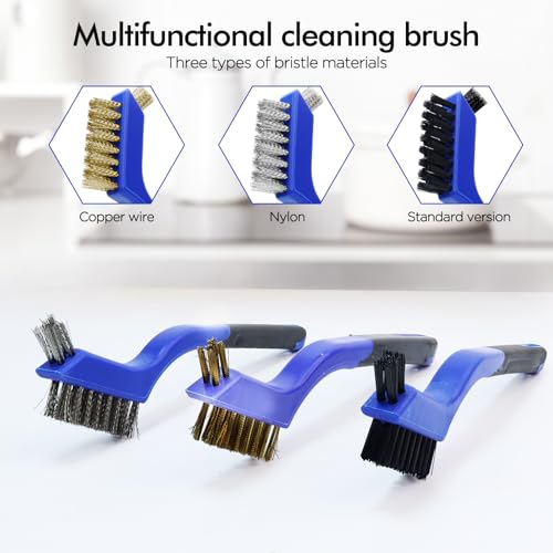 Image of 3 Pcs, Wire Brush Set, 7 Inch, Blue | Stainless Steel /Brass /Nylon, Cleaning Rust, Welding Slag Removal, Paint and Dirt Removal, Sturdy And Durable