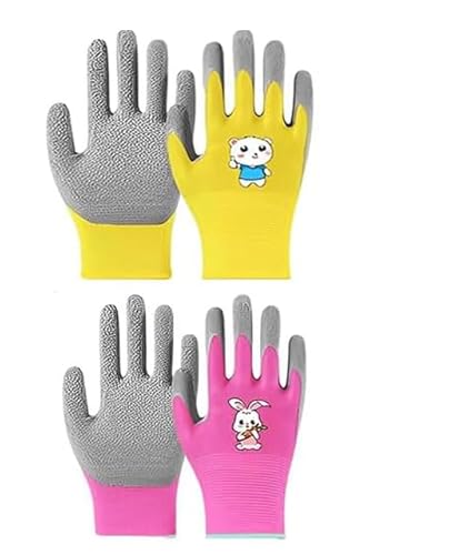 Quhoxdye Gardening Gloves, 2 Pair Gardening, Rubber Non-Slip Safety Work Gloves, Garden, Fishing, Outdoor Protective Yard Glove with Grip for Women Men Garden Essentials (Yellow+pink, Small)