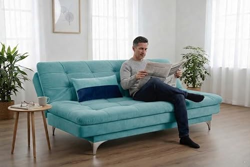 Image of FURNY Supersoft 3 Seater Fabric Sofa Cum Bed with Ottoman (Sky Blue) Premium Velvet Finish with Extra 2 Cushions, Ideal for Living Rooms, Bedrooms, Offices