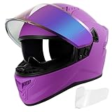 Full Face Motorcycle Helmets for Adult Men Women, DOT Approved Street Bike Racing Helmet Dual Visor Quick Release Buckle, Motorbike ADV Moped Helmet with Extra Clear Visor (Matte Purple, XL)