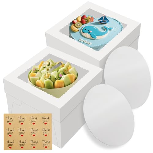 LNDIEHS 2 Pack Cake Boxes, 12x12x8 Inches Tall Cake Box with Cake Boards, White Bakery Boxes with Large Window, Disposable Cakes Transport Containers with Lids, for Cookies, Pies, Wedding, Birthday