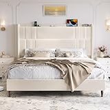 King Size Bed Frame and Tall Headboard, 52" Upholstered Platform Bed Frame with Charging Station, Luxury Velvet Bed Frames/Curved Wingback Headboard, No Box Spring Needed, Easy Assembly, Sturdy, Beige