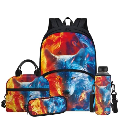 Fire Wolf School Backpack for Teens Boys Kids Book Bags for Boys Kawaii School Bags Reinforce Easy Clean Long Term Use 4 Piece Set Ideal Gift Kids Long Term Use Easy Care