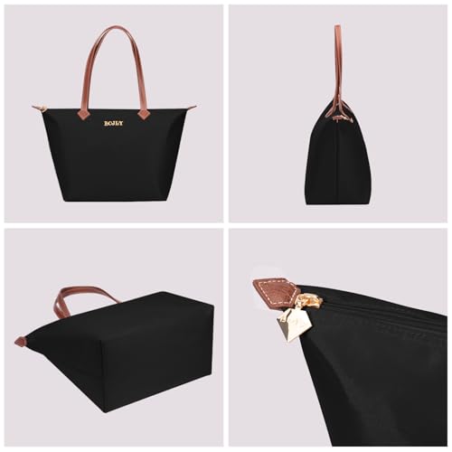 BOJLY Tote Bag Groß Shopper Tasche Damen, Leichte Faltbare Handtasche, Wasserdichte Nylon Schultertasche Damen mit Reißverschluss für Arbeit, Schule, Einkauf, Reisen (Schwarz)