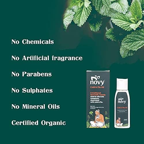 Novy Cold & Flu Instant Relief Oil | 100% Natural | Indian Ayurvedic Herbal Oil | Effective Against Cold, Sore Throat, Fever, Headache, Infections | 15 ml