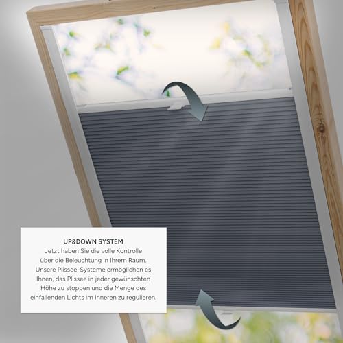 Estika Dachfenster Wabenplissee mit Bohren nach maß - 6 Stofffarben, 3 Profilfarben, Breite, 30-120 cm, Höhe 50-149 cm - Dachfenster Rollo, Fensterrollo innen, Fenster plissee