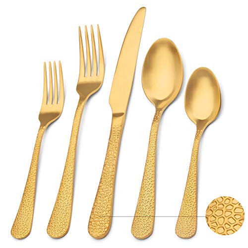 GIOCOCO Hammered Matte Gold Silverware Set 20-Piece, Premium Stainless Steel Utensil Set, Tableware Cutlery Set Service for 4, Flatware Set include Knife/Spoon/Fork, Dishwasher Safe.