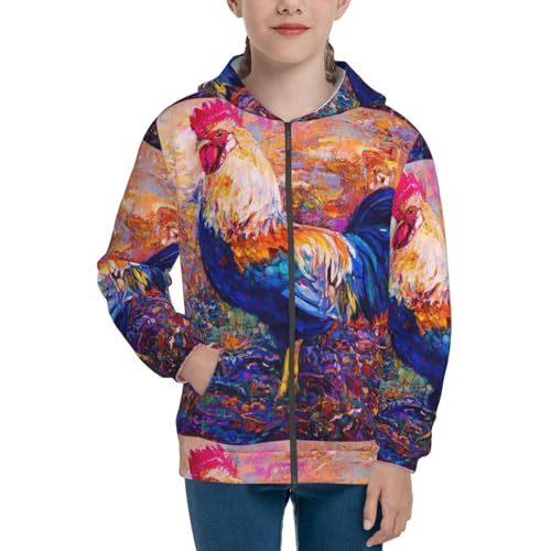 Rooster Oil Painting Kids Pullover Hoodies Boys Zip Up Sweatshirts Girls Athletic Clothes with Pocket3