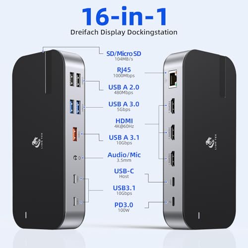 Laptop Docking Station,16 in 1 USB C Docking Triple Monitor,USB C Dock Station with 3 HDMI,PD 100W, USB 3.1/3.0/2.0,RJ 45 Ethernet,microSD/SD Card,Audio for Dell/HP/Lenovo（Exclude Power Adapter by LIONWEI - Image 2