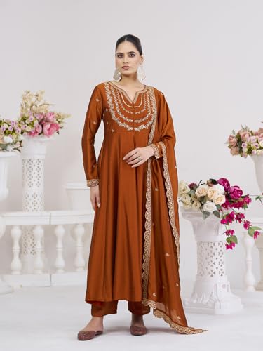Image of MOKOSH Women's Silk Embroidery Anarkali Kurta Pant with Dupatta | Women's Anarkali Kurta Set | 3 Piece Ethnic Outfit with Dupatta | Round Neck Full Sleeve