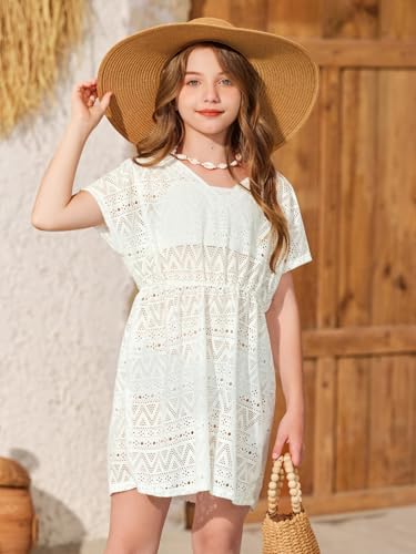 BesserBay Girls Summer Crochet Bat Sleeve Hollow Out Sheer Swimsuit A-line Hem Loose Fit Quickly Dry Coverups 5-14 Years4