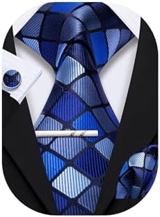 YOHOWA Men Plaid/Striped Ties Clip Set Silk Necktie Pocket Square Cufflinks