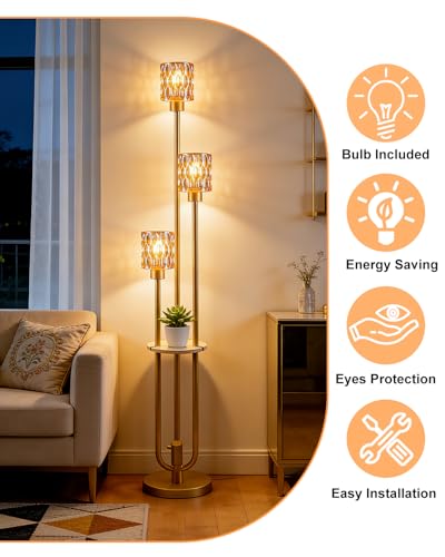 Image of 62IN Gold Floor Lamp with Amber Glass Shade 3-Lights Mid-Century Modern Farmhouse Floor Lamps with 3000K Warm White Bulbs, Tall Standing Lamp 5Lbs Heavy Base for Living Room /Bedroom /Corner