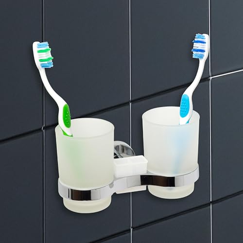 IPEA Zahnputzbecher Selbstklebender zur Wandmontage mit Doppelbecher - Kein Bohren erforderlich - Modernes Design - Zahnbürstenhalter für Zahnbürsten Zahnpasta für Bad, Dusche – Verchromte-Halterung