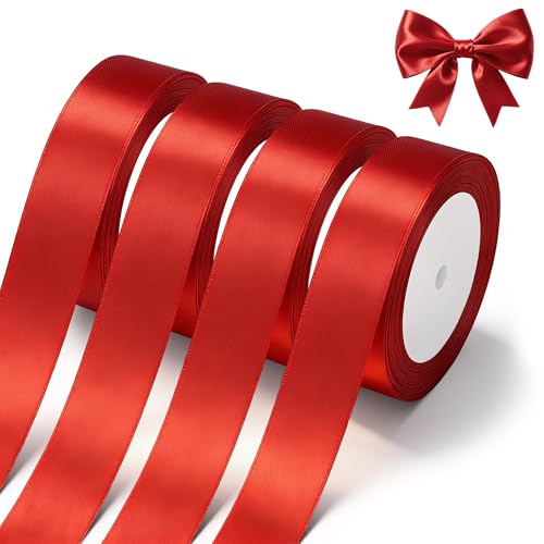 Red Satin Ribbon 4 Rolls x 1 Inch Red Wide Satin Fabric Ribbon for Gift Packaging Christmas Wedding Flower Bouquet Holiday Party Invitation