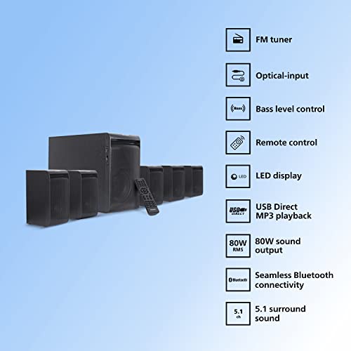 Image of Philips Audio TAV5557 5.1 Channel 80W Bluetooth Multimedia Speaker System with 5x15W Satellite Speakers, Multi-Connectivity Option with Supporting USB, AUX, FM & Remote Control (Black)