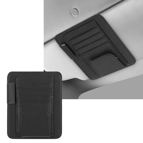 Ptwola Car Leather Sun Visor Organizer Auto Interior Sunglass Holder Visor Storage Document Pouch Accessories with Pocket for Car Registration Driving License Pen Cards Sleeve License Truck