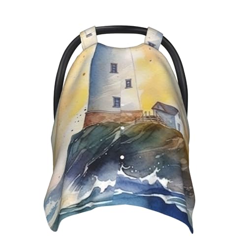 Baby Car Seat Canopy Cover for Mom, Soft Breathable Nursing Breastfeeding Covers Multi Use Stroller Sun Shade Newborn Shower Gift，Watercolor Lighthouse Fantasy Light