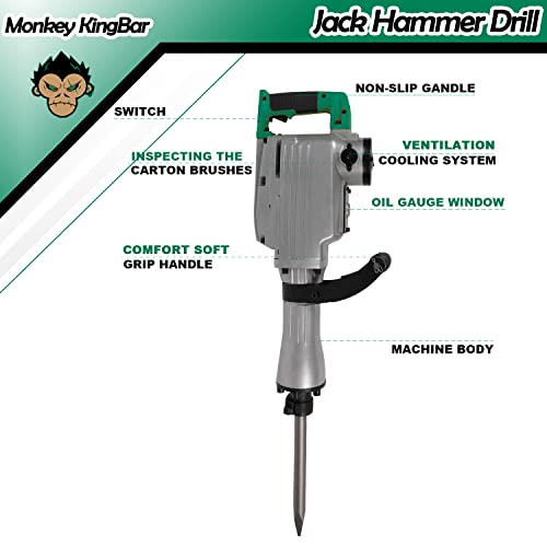 Monkey King Bar- 110v 1520W Heavy Duty Electric Demolition Jack Hammer Concrete Breaker MKB-65A- Chisel & Point Chisel Bit Hand Gloves w/Case