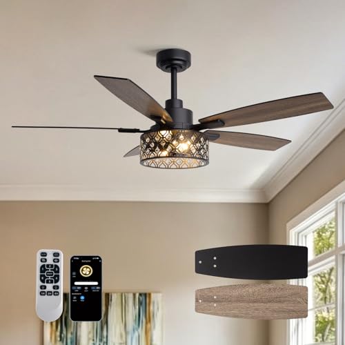 Image of 52 Inch Farmhouse Ceiling Fan with Lights and Remote, 5 Blades Double-color Finish, Quiet & Reversible DC Motor, Crystal Caged Ceiling Fan for Bedroom Living Room Kitchen Outdoor Covered Patio