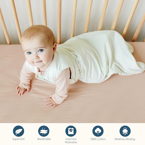 Image of GRSSDER 100% Cotton Muslin Crib Sheet 2 Pack - Breathable & Ultra-Soft Fitted Crib Sheets for Standard Baby & Toddler Mattresses, 52 inchx28 inch with 9 inch Deep Pocket, Snug Fit All-Around Elastic